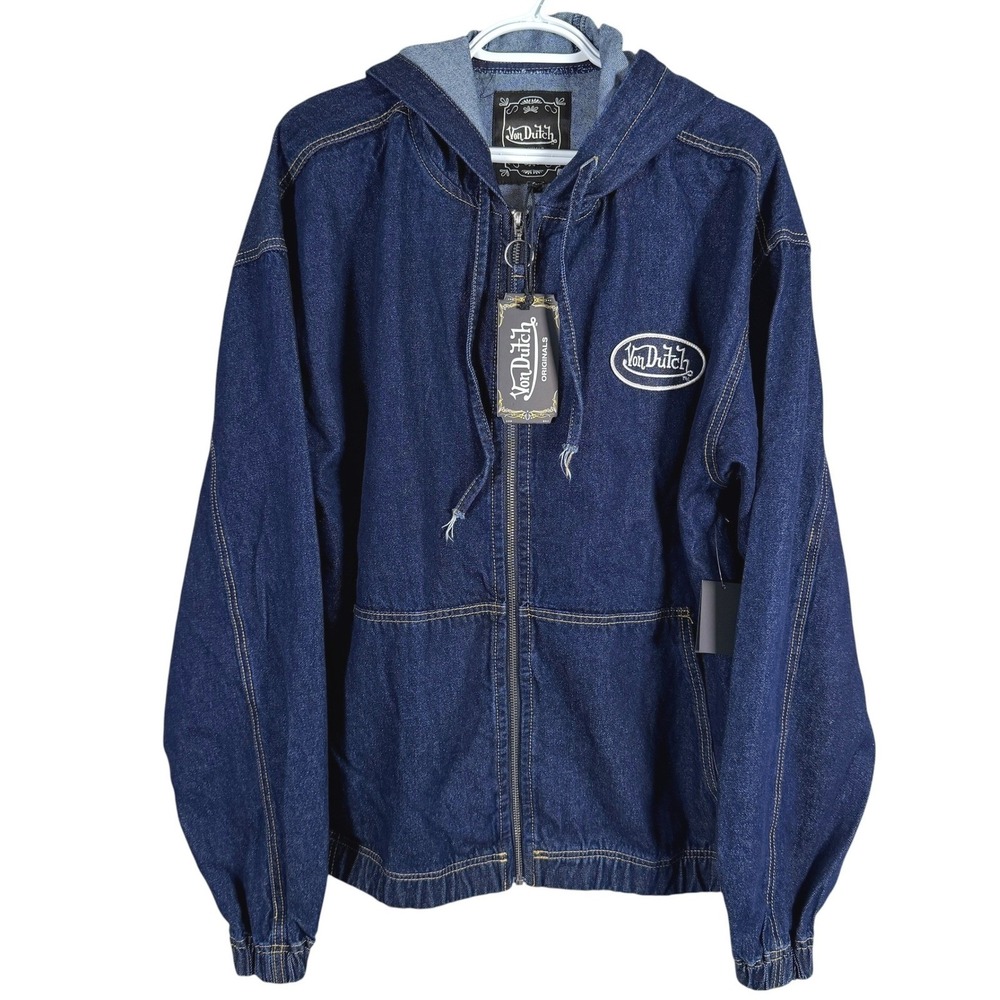 Von Dutch Denim Hoodie Jean Jacket Mens M Blue Full Zip Patch Y2K Streetwear NEW